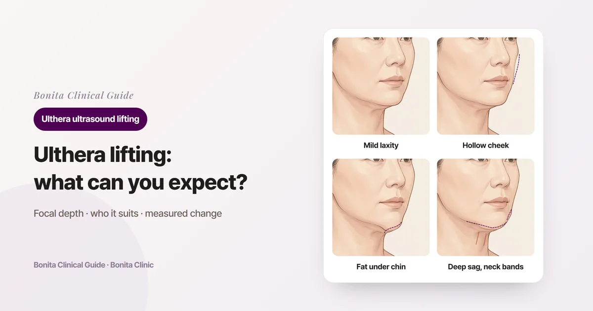 Four three-quarter face illustrations showing a mildly lax jawline, a cheek hollowed inside its original outline (dashed), fat gathered under the chin, and a deeply sagging jawline with neck bands