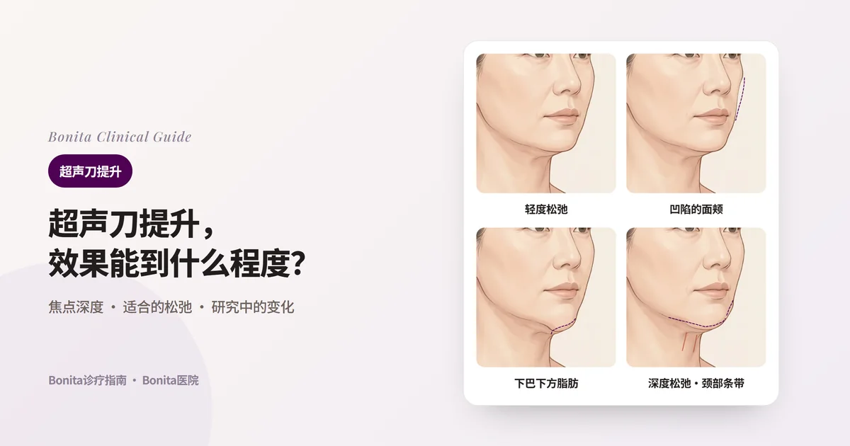 四张斜侧脸插图分别显示轻度松弛的下颌线、比原轮廓(虚线)凹陷的面颊、堆积在下巴下方的脂肪、深度下垂的下颌线与颈部条带,并写出各自考虑的方法