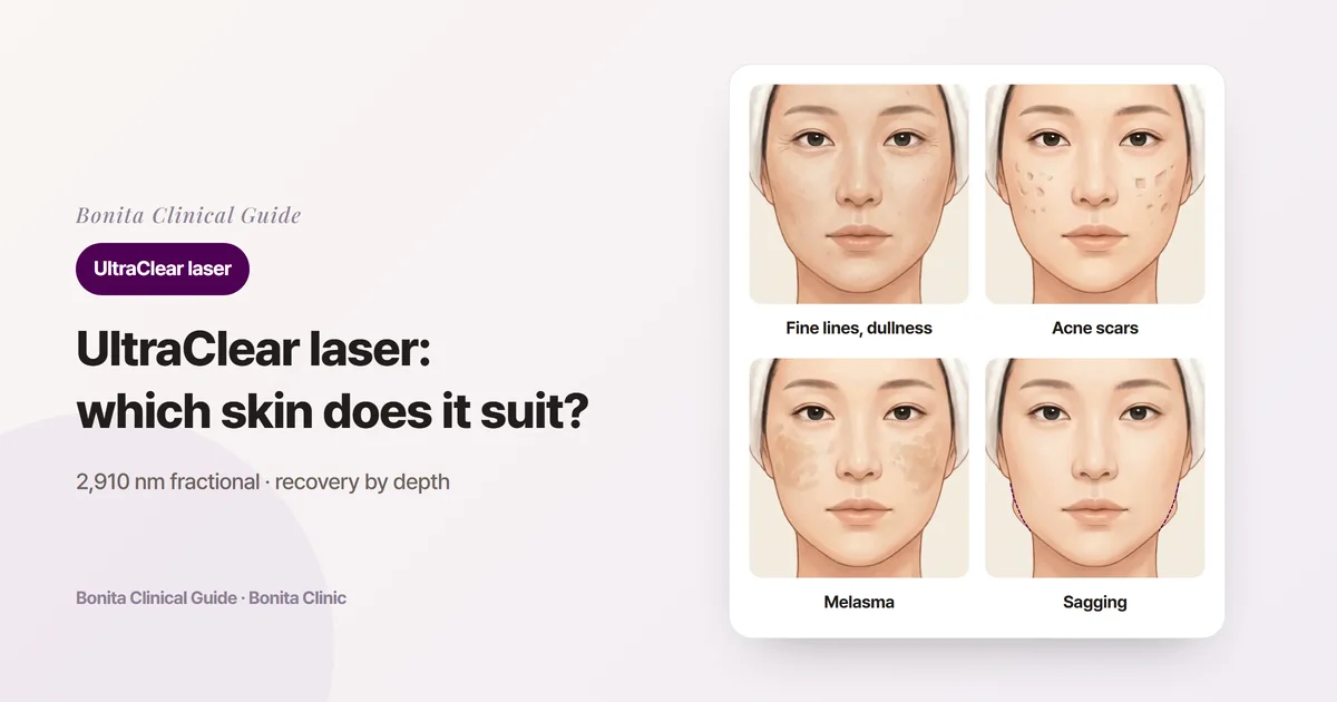 Four front-view face illustrations showing fine lines around the eyes with rough, dull skin, depressed acne scars on both cheeks, melasma on both cheeks